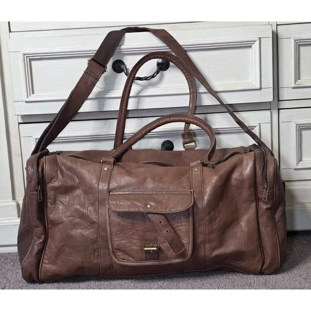 Lord And‎ Field Large Duffel Bag Brown Leather Fuzzy Lining Adjustable Travel